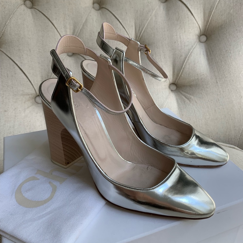 SOLD CHLOE silver patent leather block heel sandals